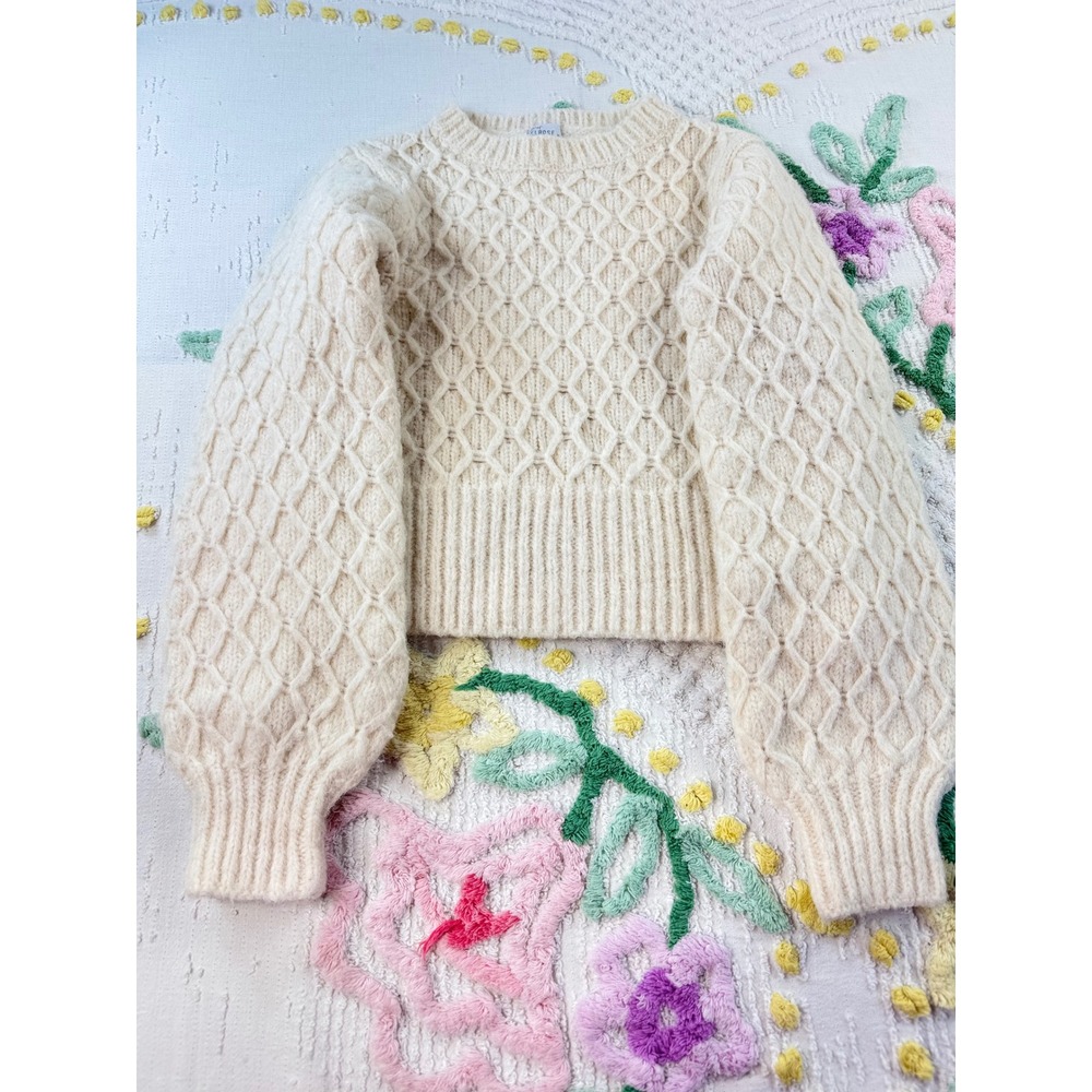 West of‎ Melrose Cream Cable Knit Balloon Sleeve Sweater Ivory XS Honeycomb